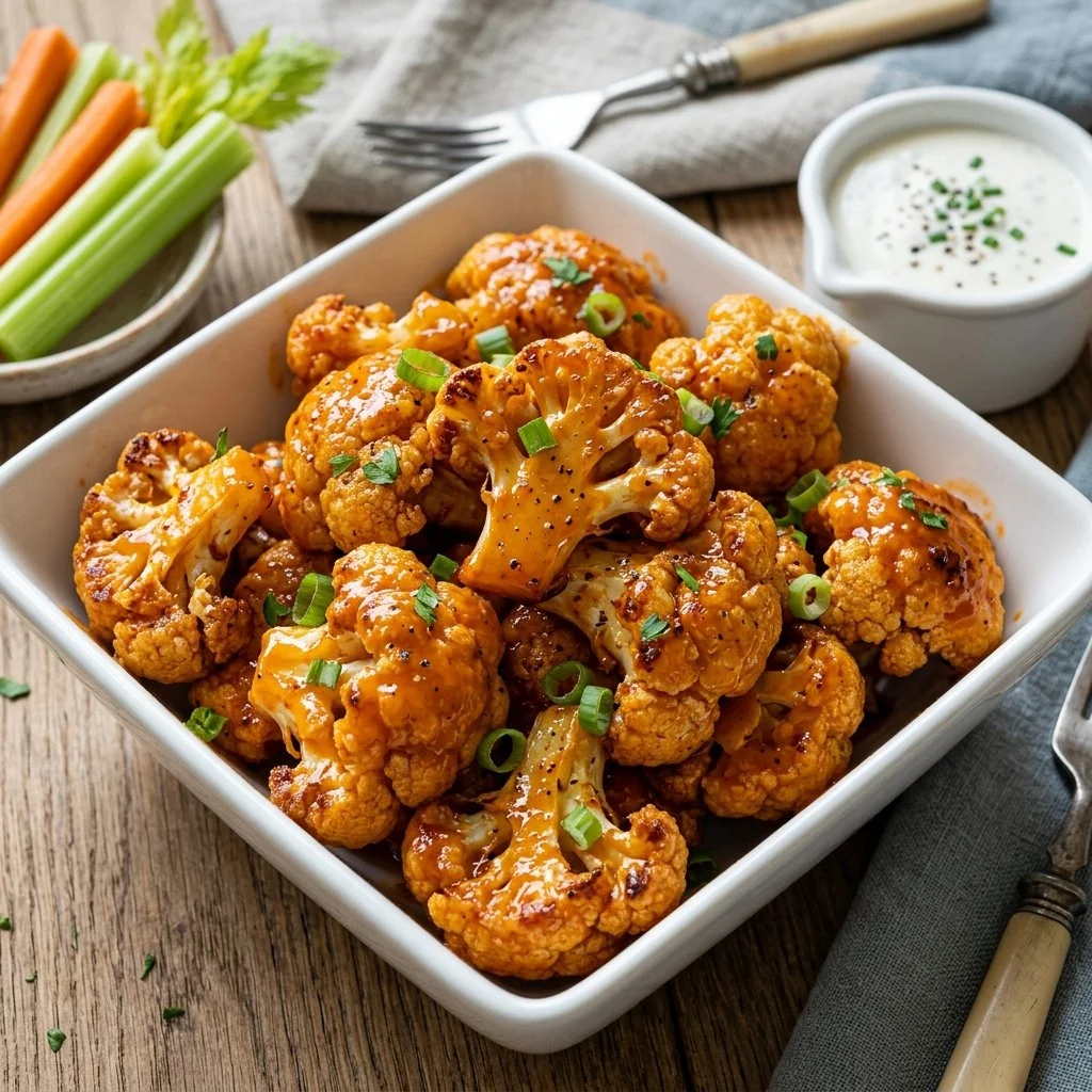 Plate of crispy cauliflower buffalo wings with dipping sauce