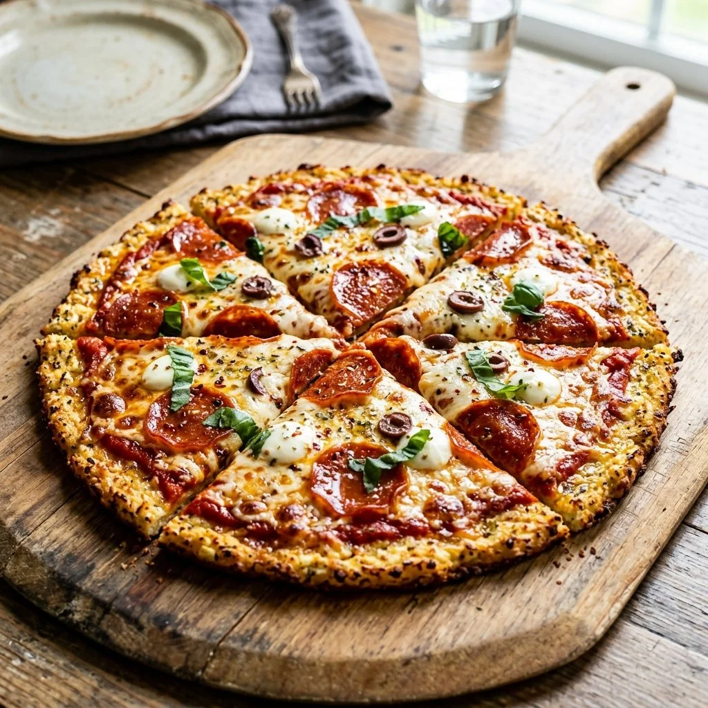 A slice of healthy cauliflower crust pizza topped with fresh veggies and cheese.