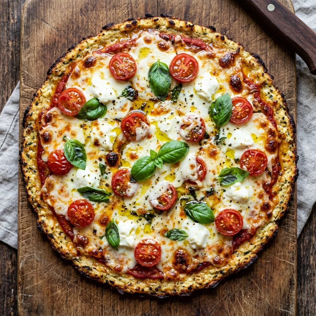 Healthy cauliflower crust pizza topped with fresh vegetables and cheese