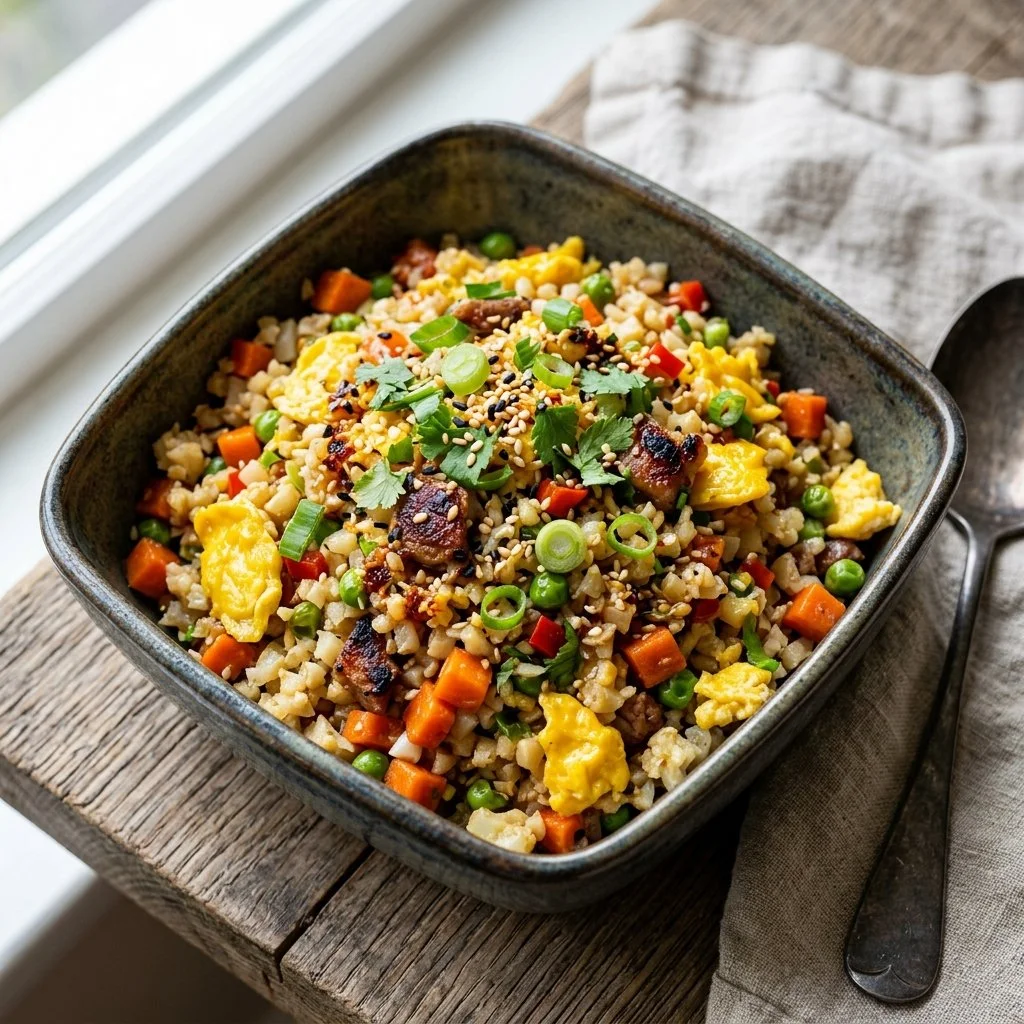 Colorful bowl of cauliflower fried rice with vegetables and herbs
