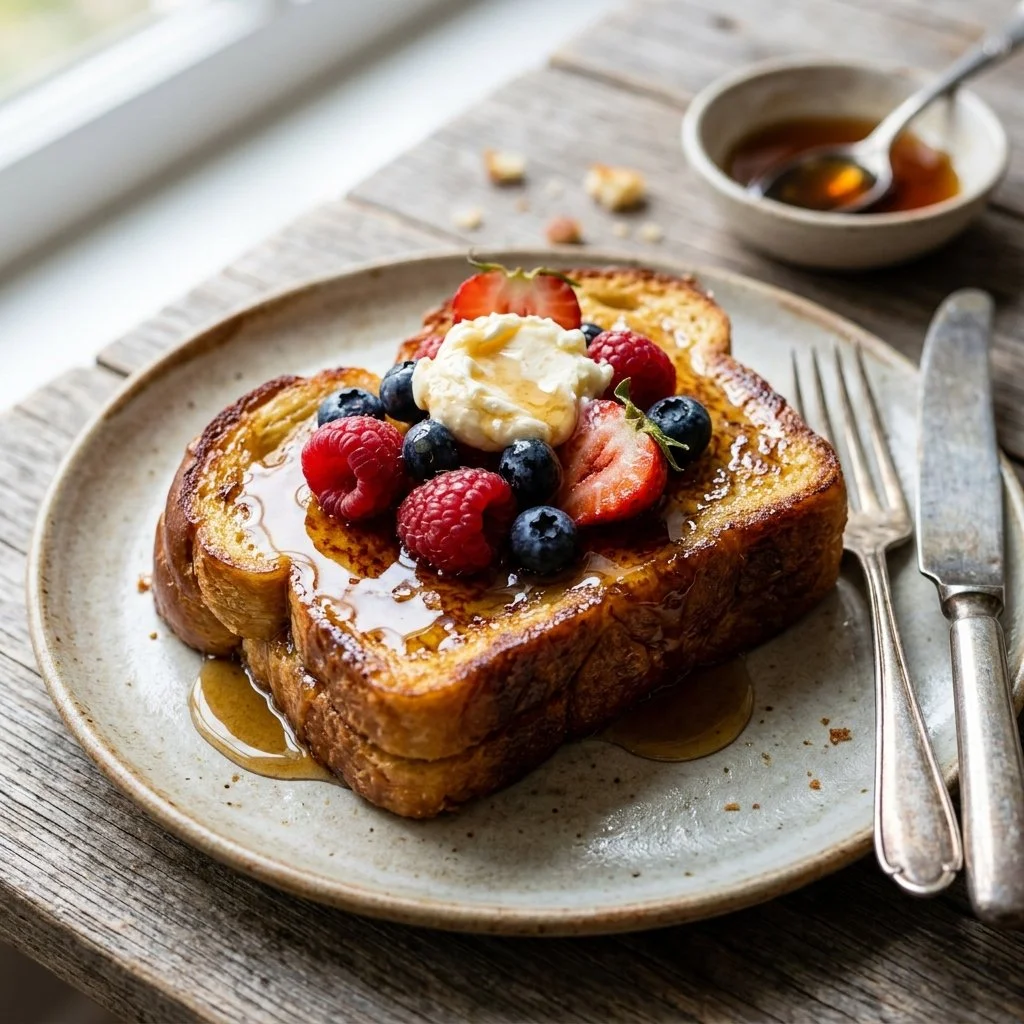 Delicious plate of challah French toast topped with syrup and berries.