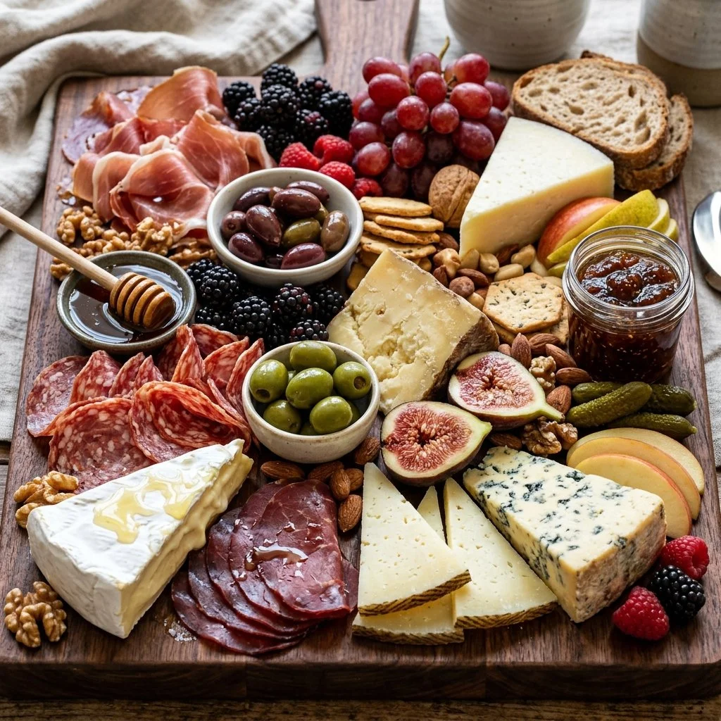 An elegant charcuterie board featuring assorted meats, cheeses, and fruits.