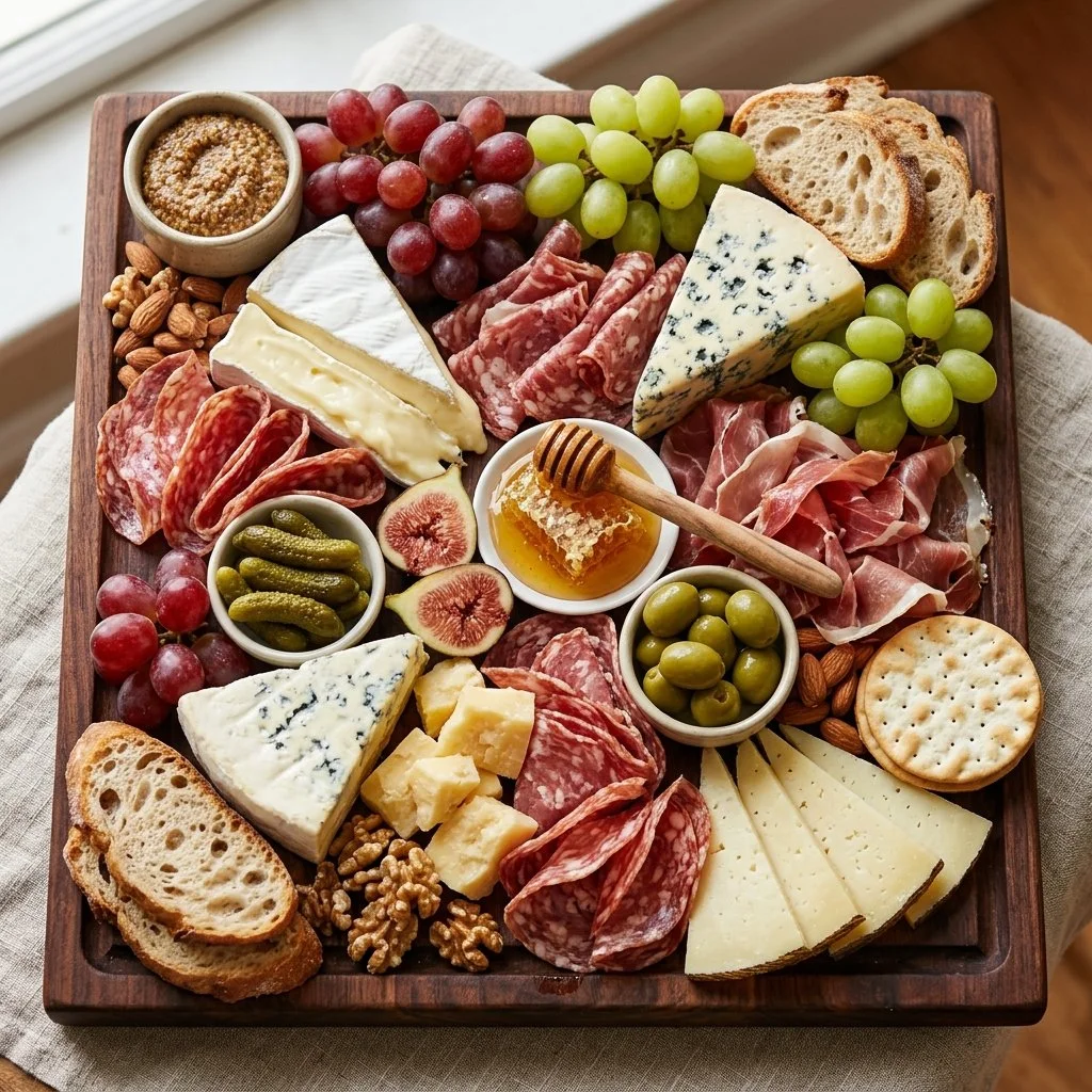 Beautiful charcuterie board with a variety of meats, cheeses, and fruits.