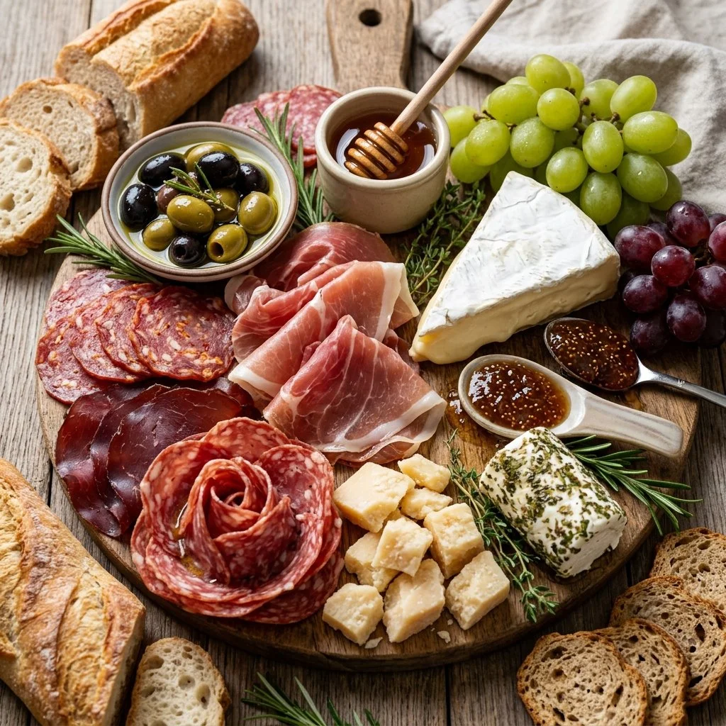Beautifully arranged charcuterie board with meats, cheeses, and fruits