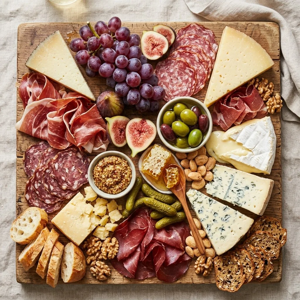 Beautifully arranged charcuterie board with assorted meats, cheeses, and fruits