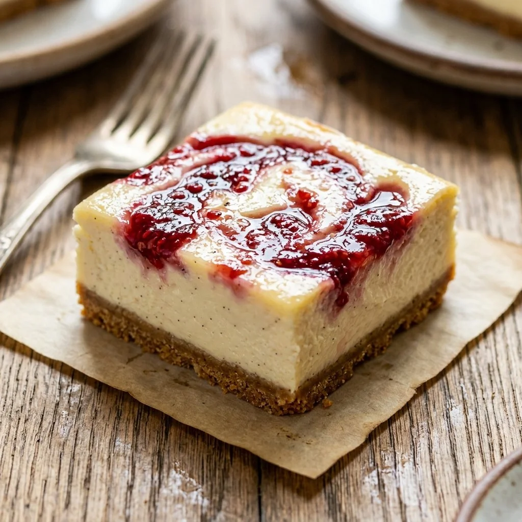 Delicious homemade cheesecake bars on a plate, perfect for dessert lovers.