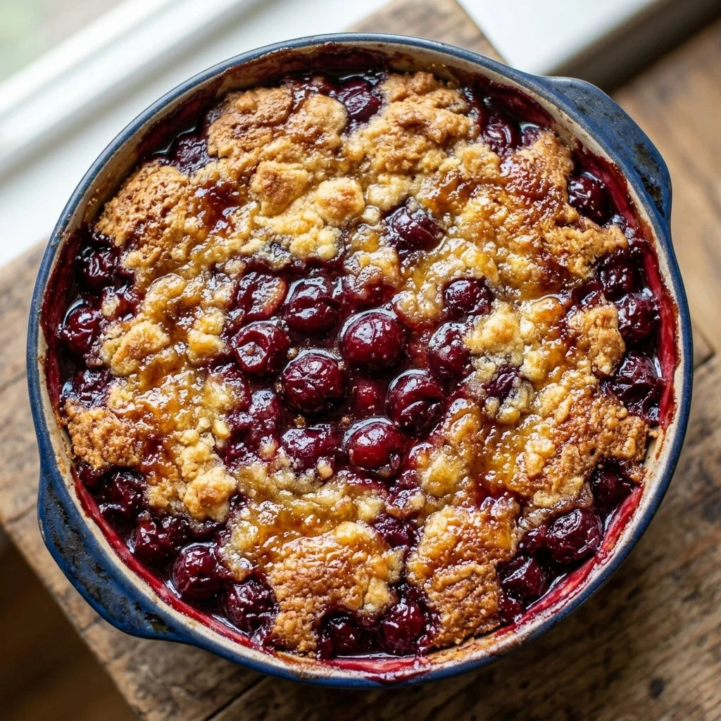 Delicious Cherry Dump Cake served warm with a scoop of vanilla ice cream