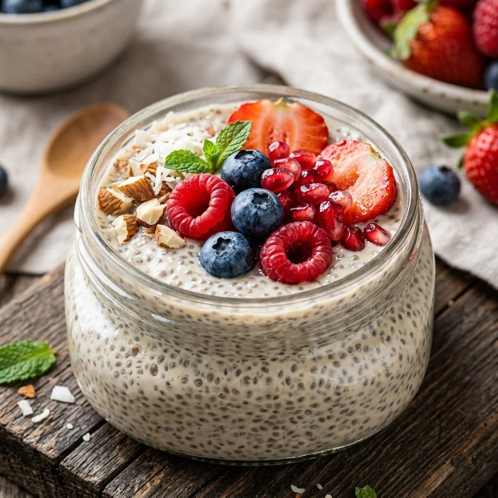 Delicious chia seed pudding topped with fresh fruits and nuts