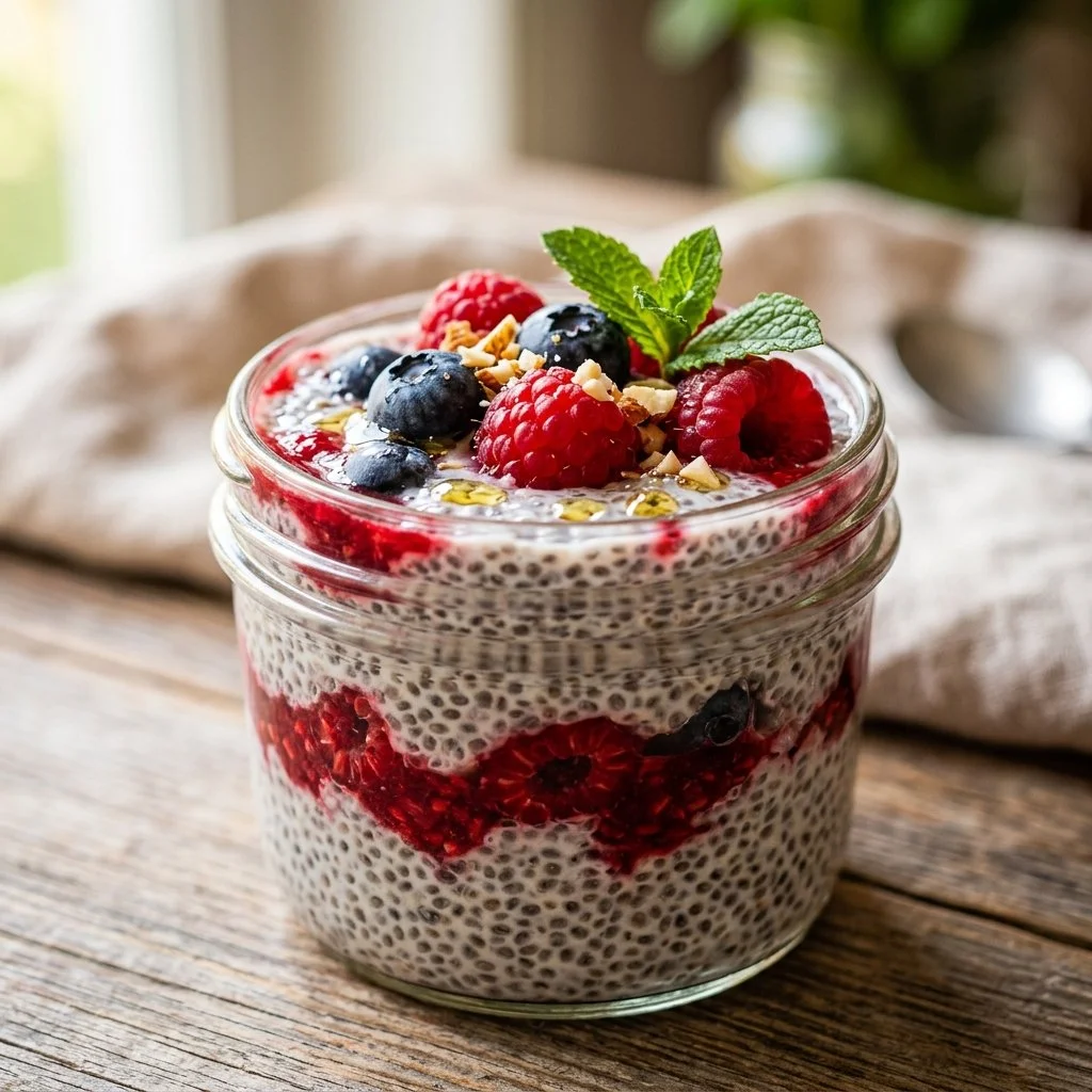 Bowl of chia seed pudding topped with fresh fruits and nuts