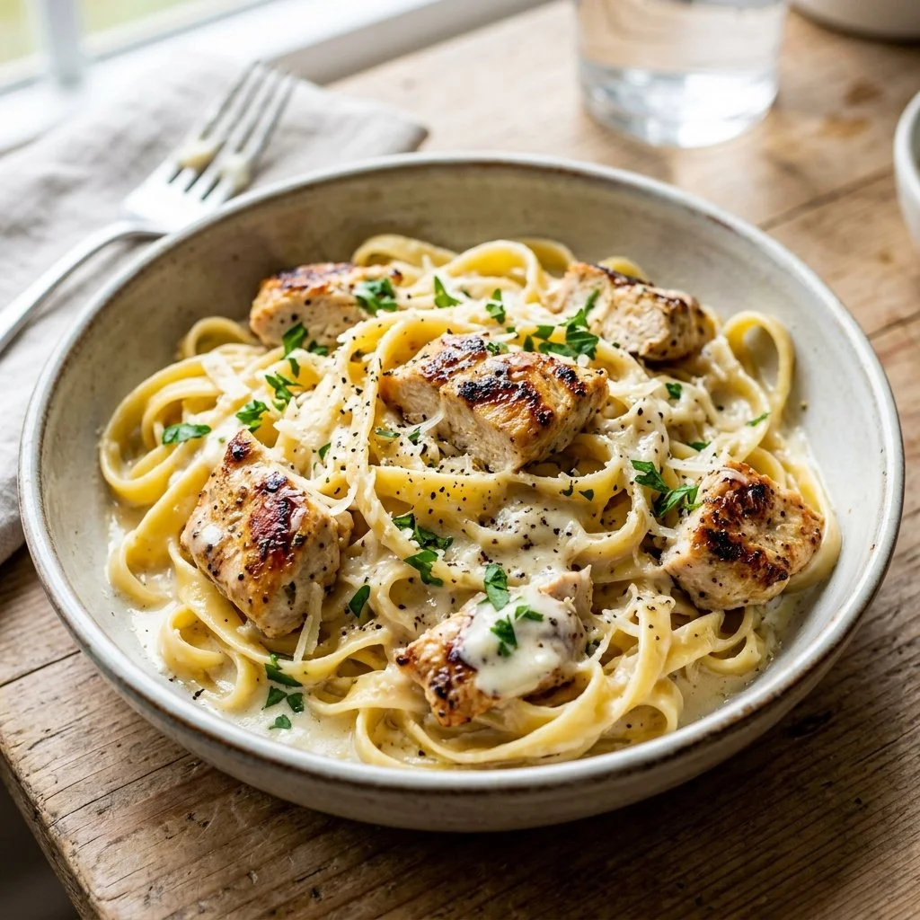 Delicious Chicken Alfredo pasta served with grilled chicken and creamy sauce