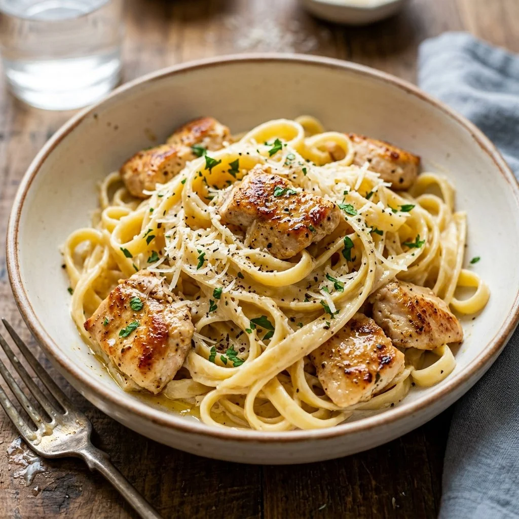 Creamy Chicken Alfredo Pasta served in a bowl with parsley garnish