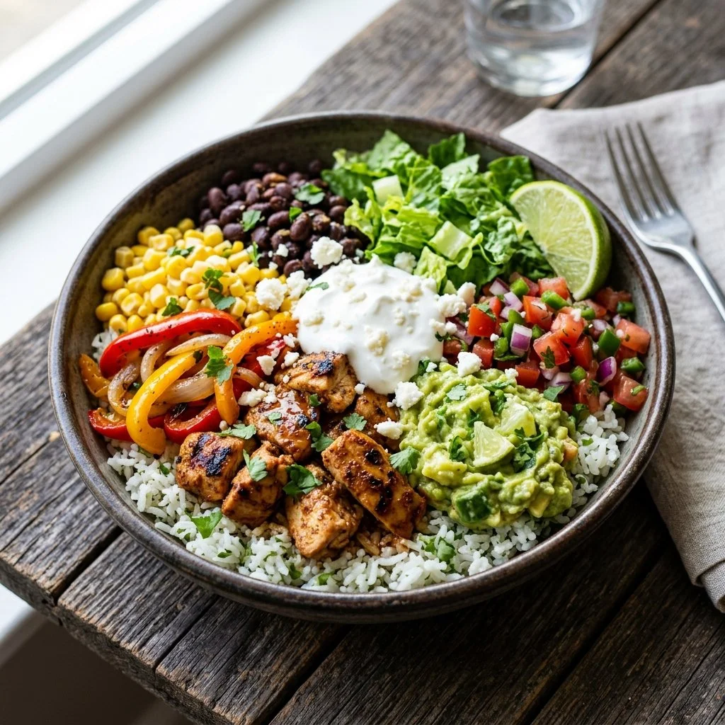 Healthy Chicken Burrito Bowls with rice, beans, and veggies