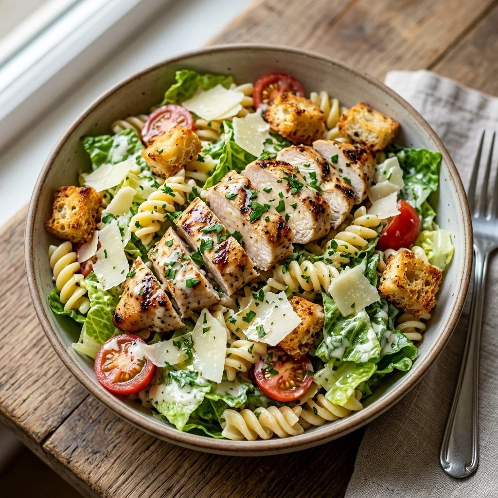 Delicious Chicken Caesar Pasta Salad with grilled chicken, romaine, and dressing