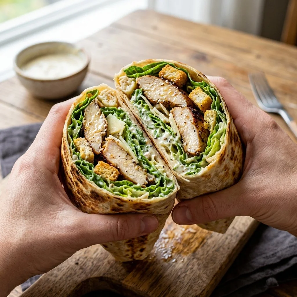 Chicken Caesar Salad Wrap featuring grilled chicken, lettuce, and Caesar dressing