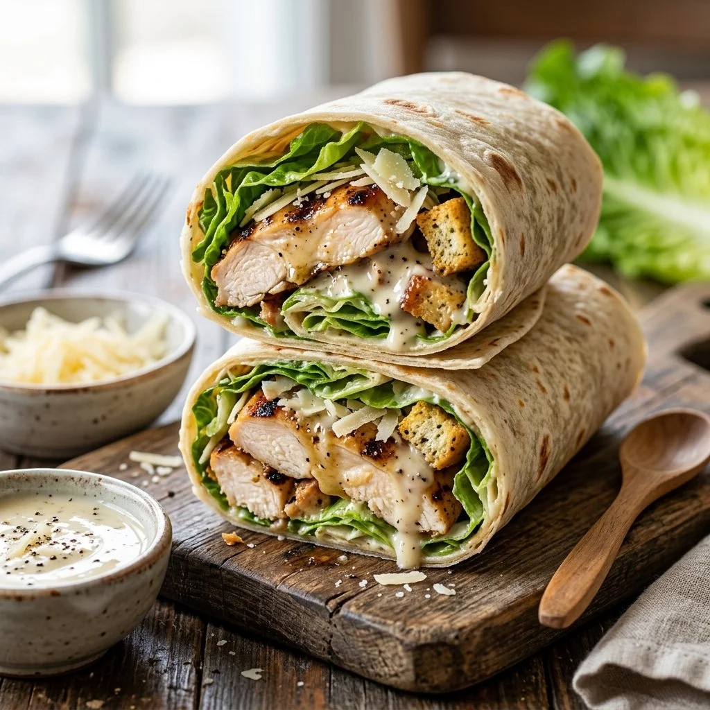 Delicious Chicken Caesar Wrap with lettuce, grilled chicken, and Caesar dressing