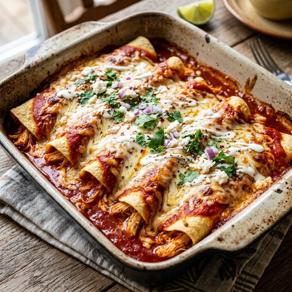 Delicious homemade Chicken Enchiladas topped with cheese and salsa