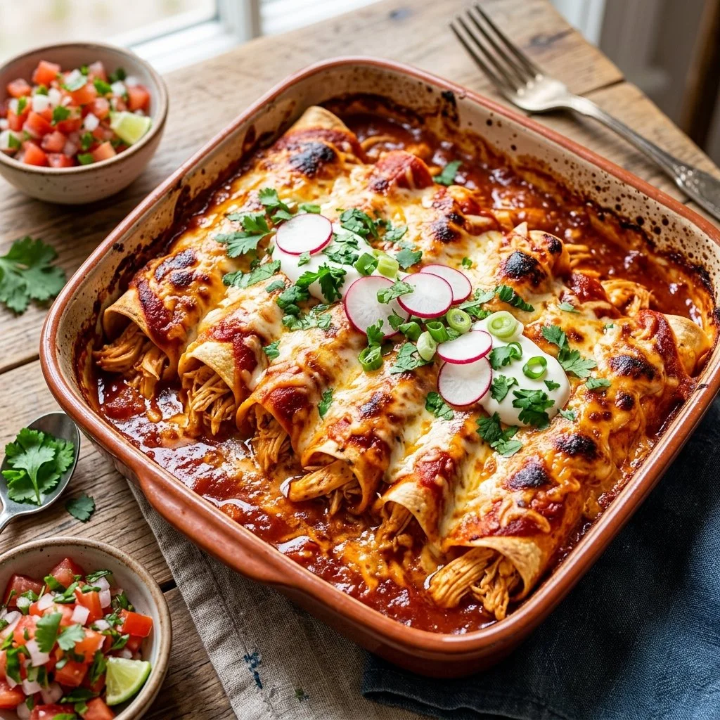 Plate of flavorful Chicken Enchiladas topped with cheese and garnished with fresh herbs.