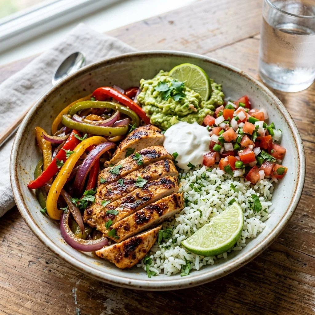 Delicious chicken fajita bowls with colorful veggies and spices.