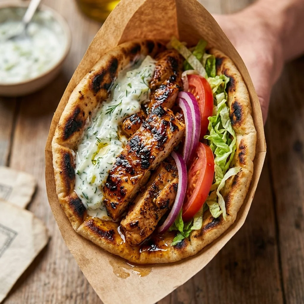 Delicious Chicken Gyros served with fresh vegetables and tzatziki sauce