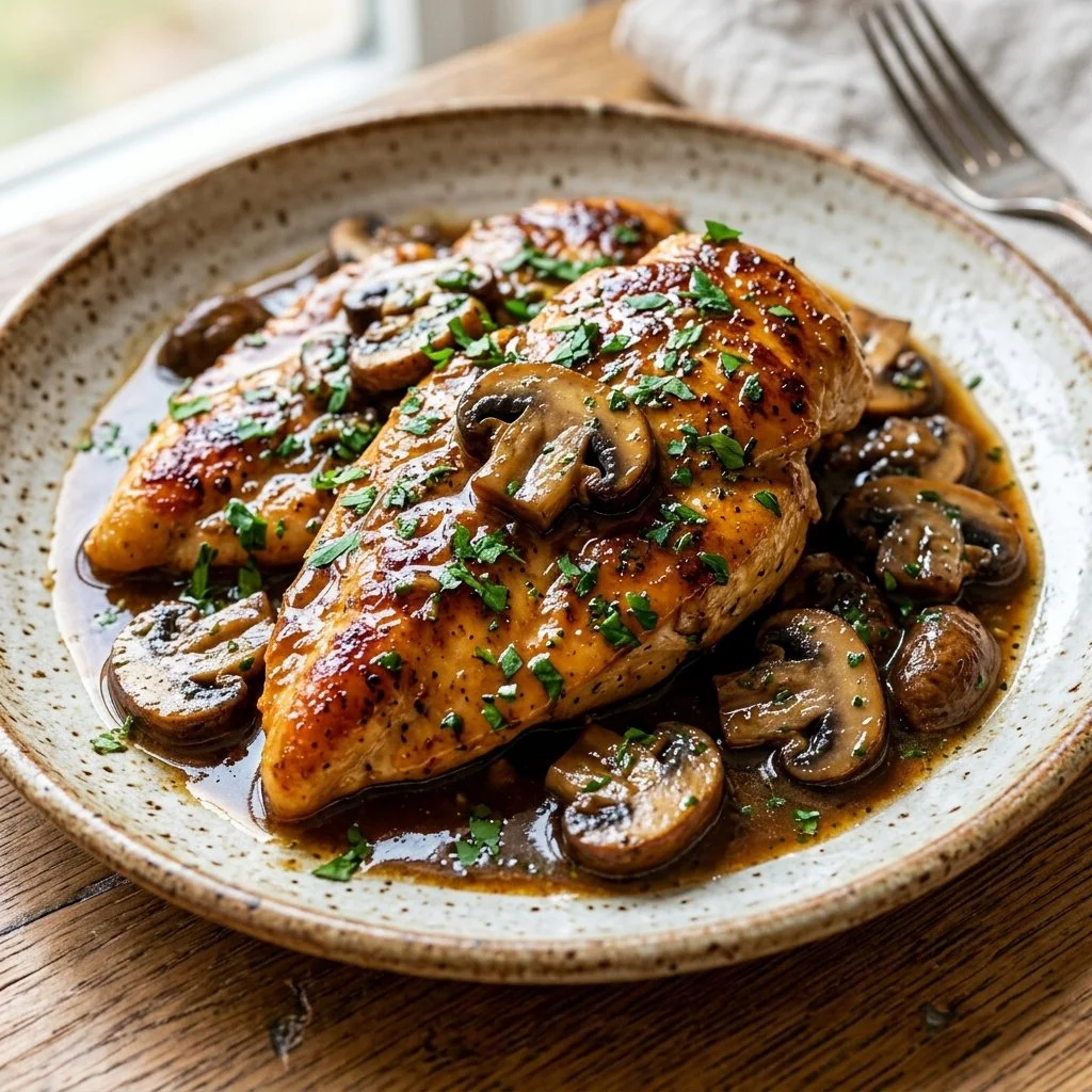 Delicious plate of Chicken Marsala with mushrooms and wine sauce served with pasta.