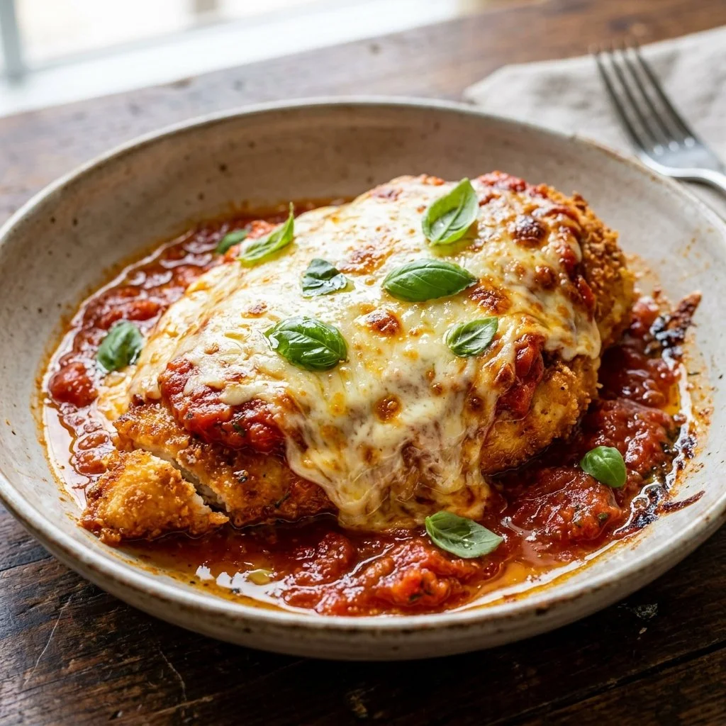 Delicious Chicken Parmesan topped with marinara sauce and melted cheese