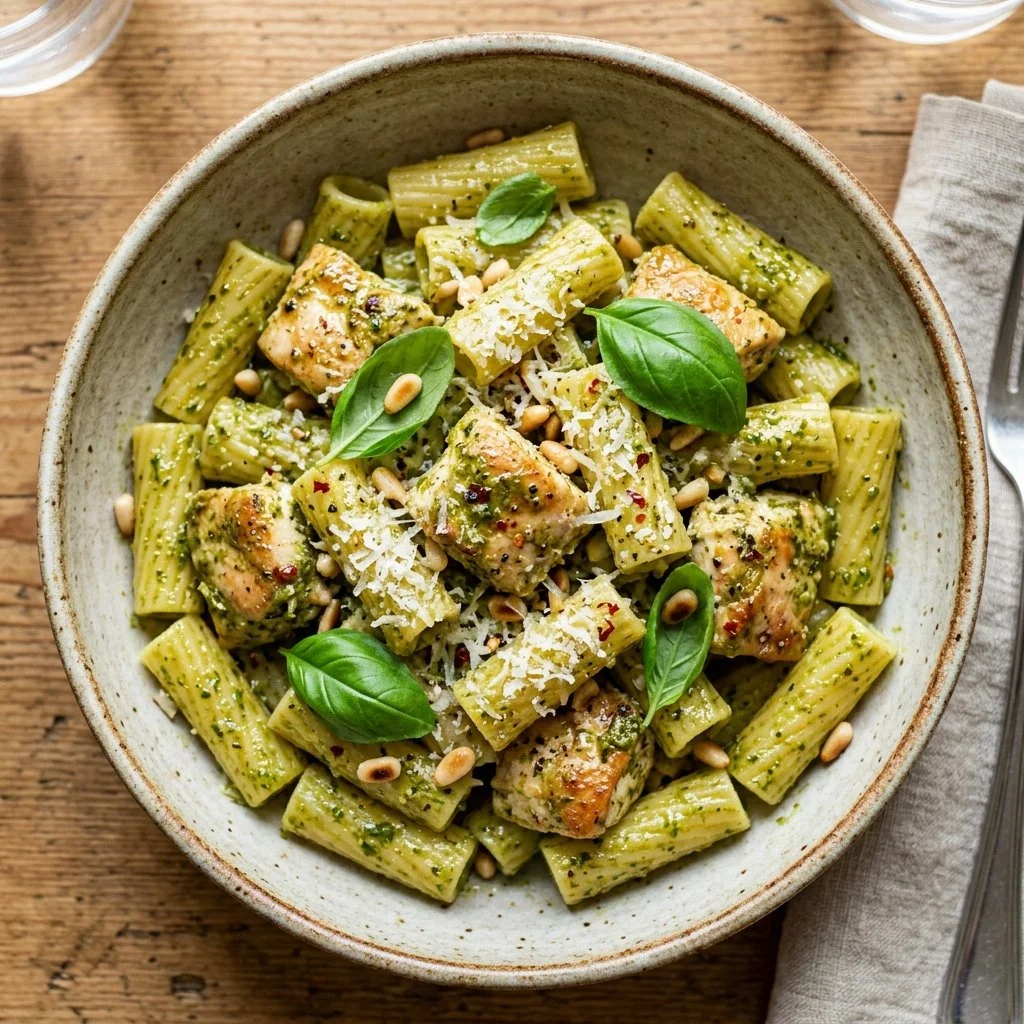 Delicious Chicken Pesto Pasta with chicken, fresh basil, and creamy sauce