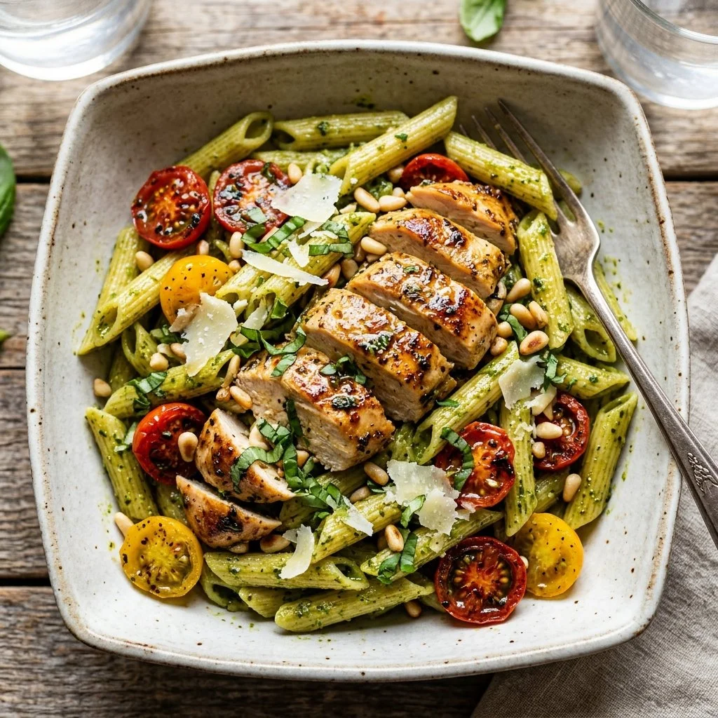 Delicious Chicken Pesto Pasta served with fresh basil and parmesan cheese.