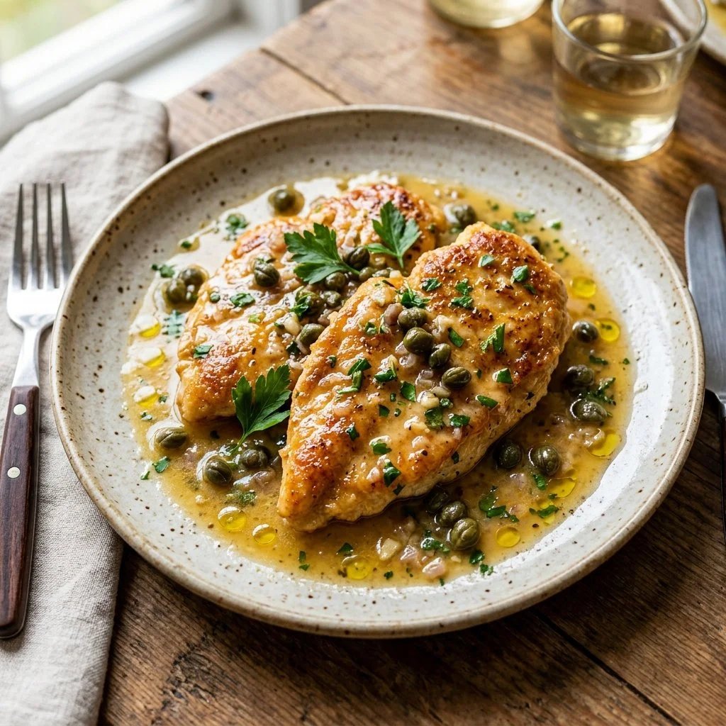 Plate of Chicken Piccata with lemon and capers