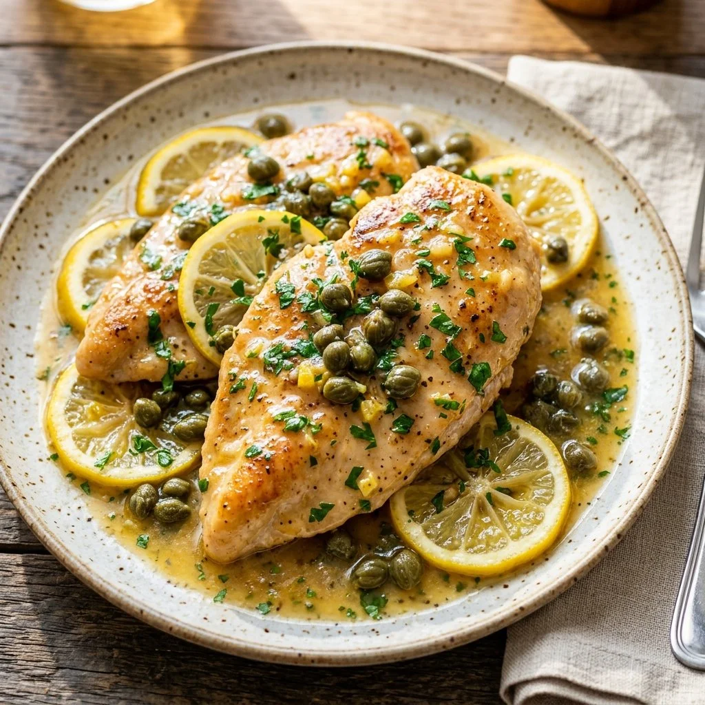 Delicious Chicken Piccata served with lemon and capers on a plate