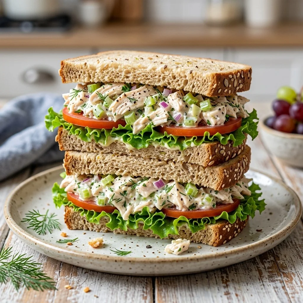 Delicious chicken salad sandwich with lettuce and tomatoes on a plate