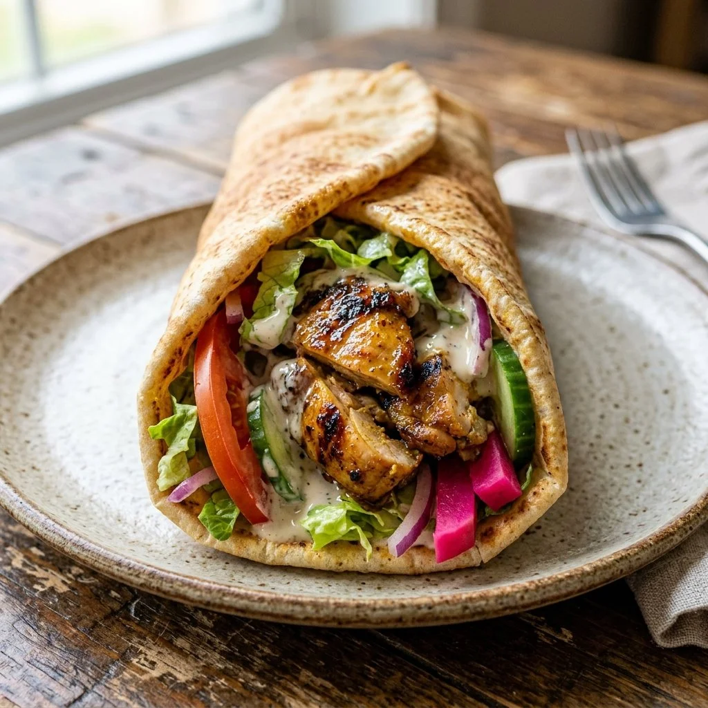 Delicious Chicken Shawarma wrapped in pita with fresh vegetables and sauces