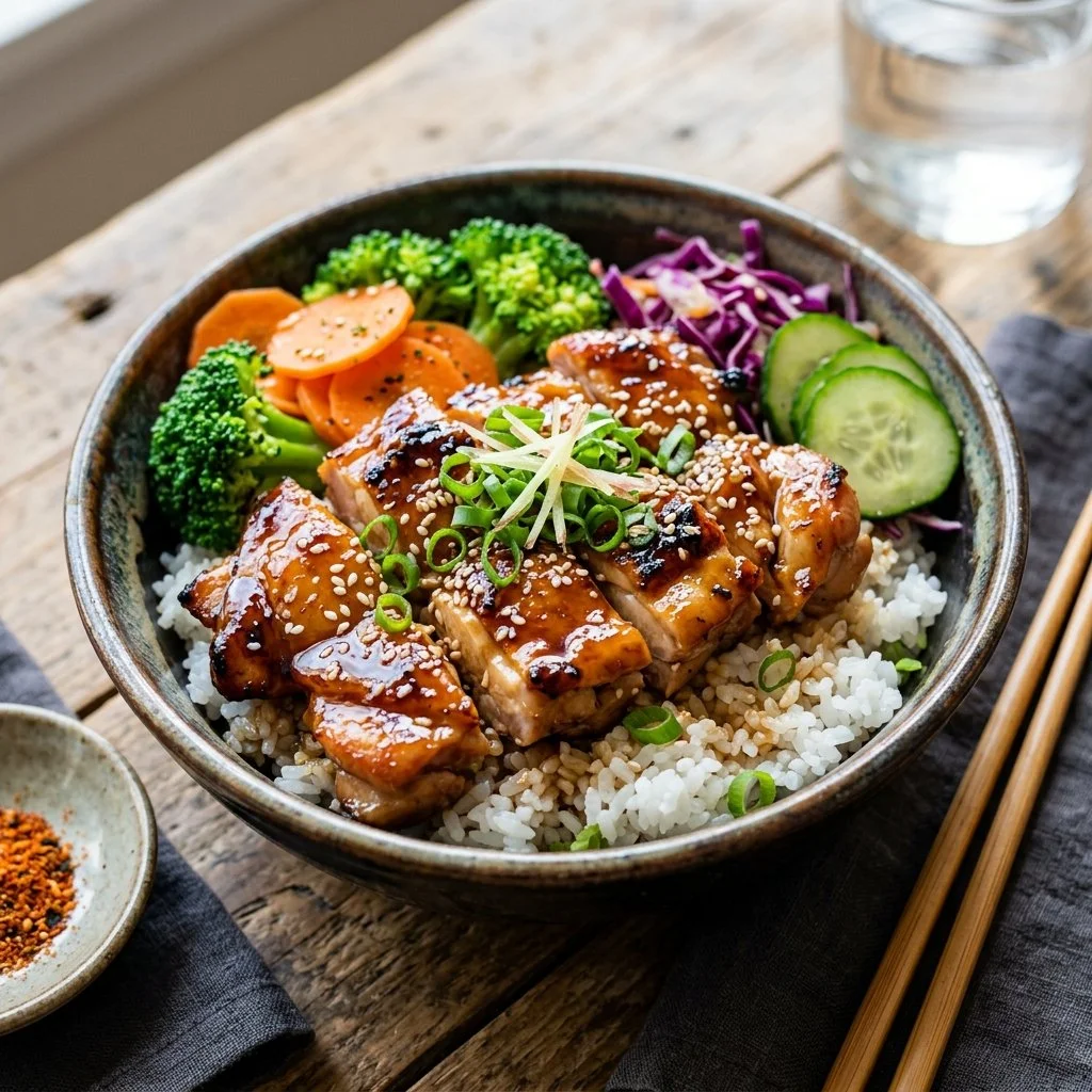 Chicken Teriyaki Bowls with chicken, vegetables, and sauce served in a bowl