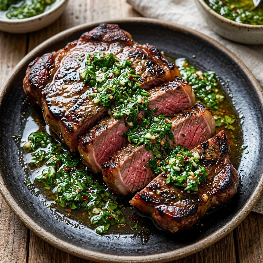 Grilled chimichurri steak served with vibrant sauce for a flavorful dish.