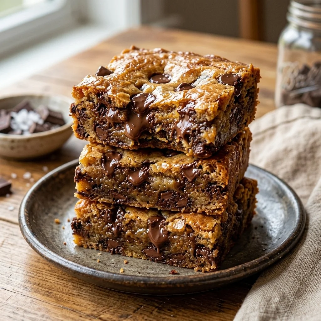 Batch of freshly baked Chocolate Chip Blondies on a wooden table