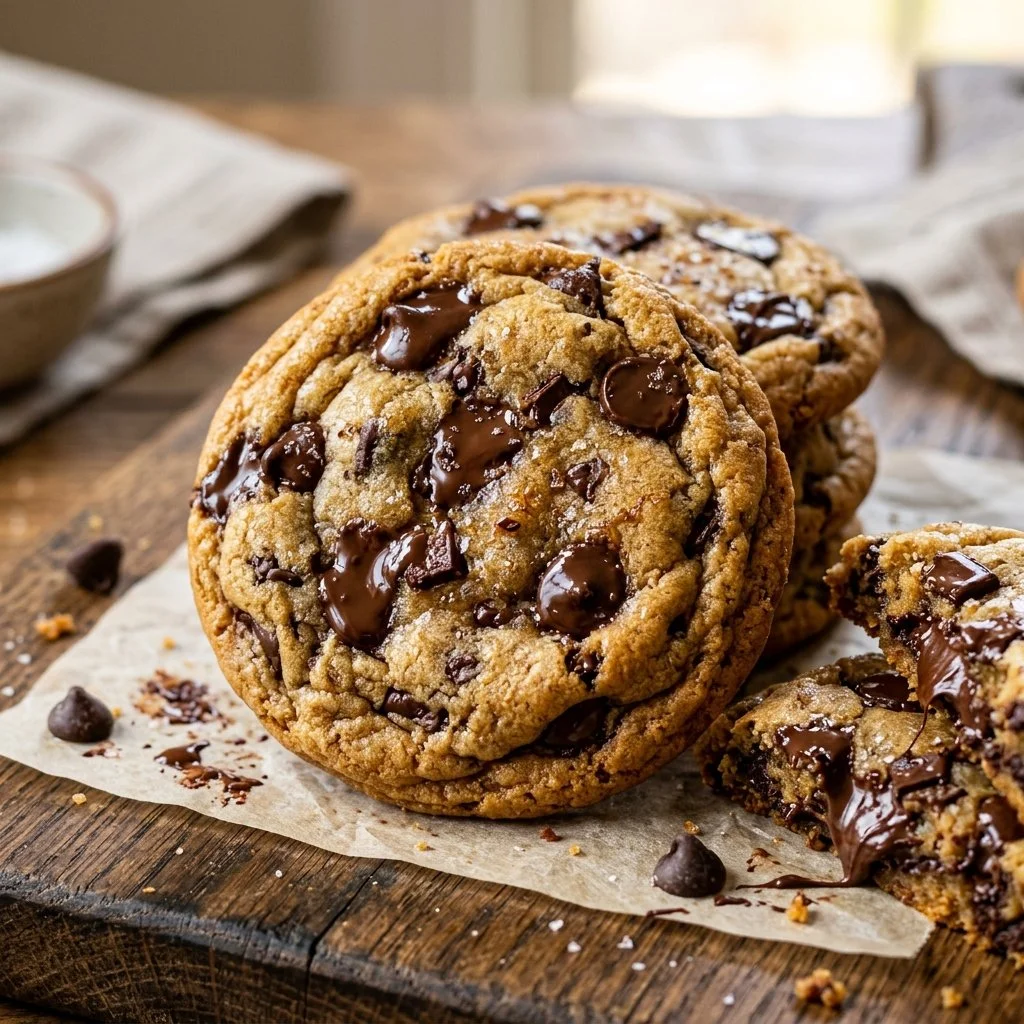 Freshly baked chocolate chip cookies on a cooling rack