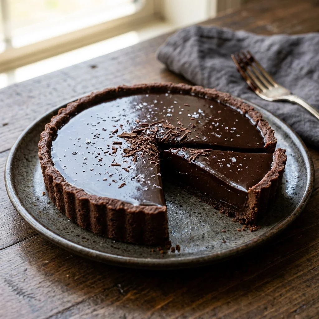 Decadent Chocolate Ganache Tart served on a white plate with chocolate drizzle