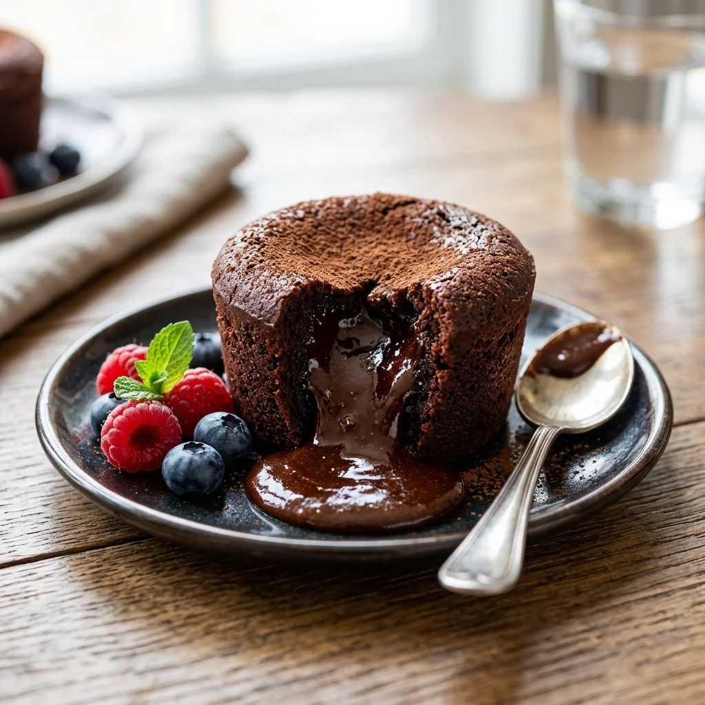 Decadent Chocolate Lava Cake with molten chocolate center and toppings