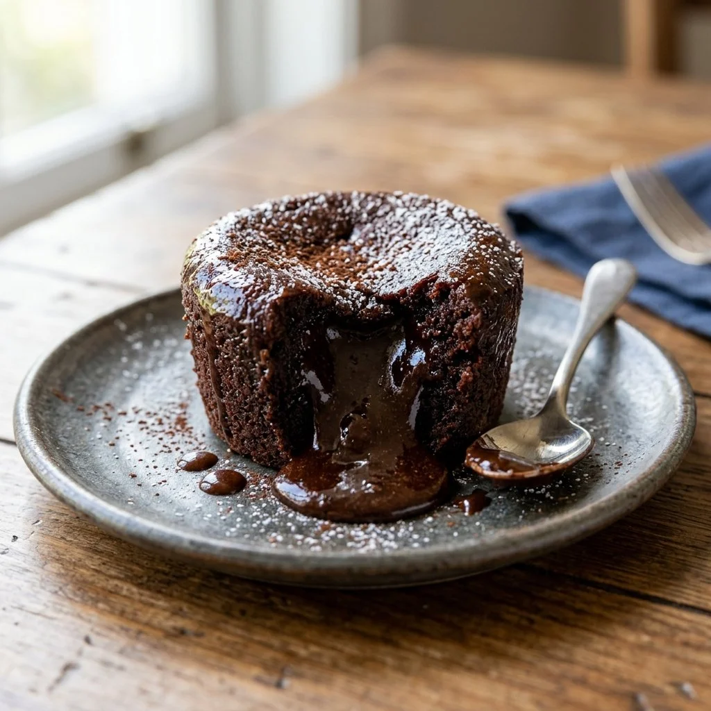 Decadent Chocolate Lava Cake with molten chocolate center, served on a plate