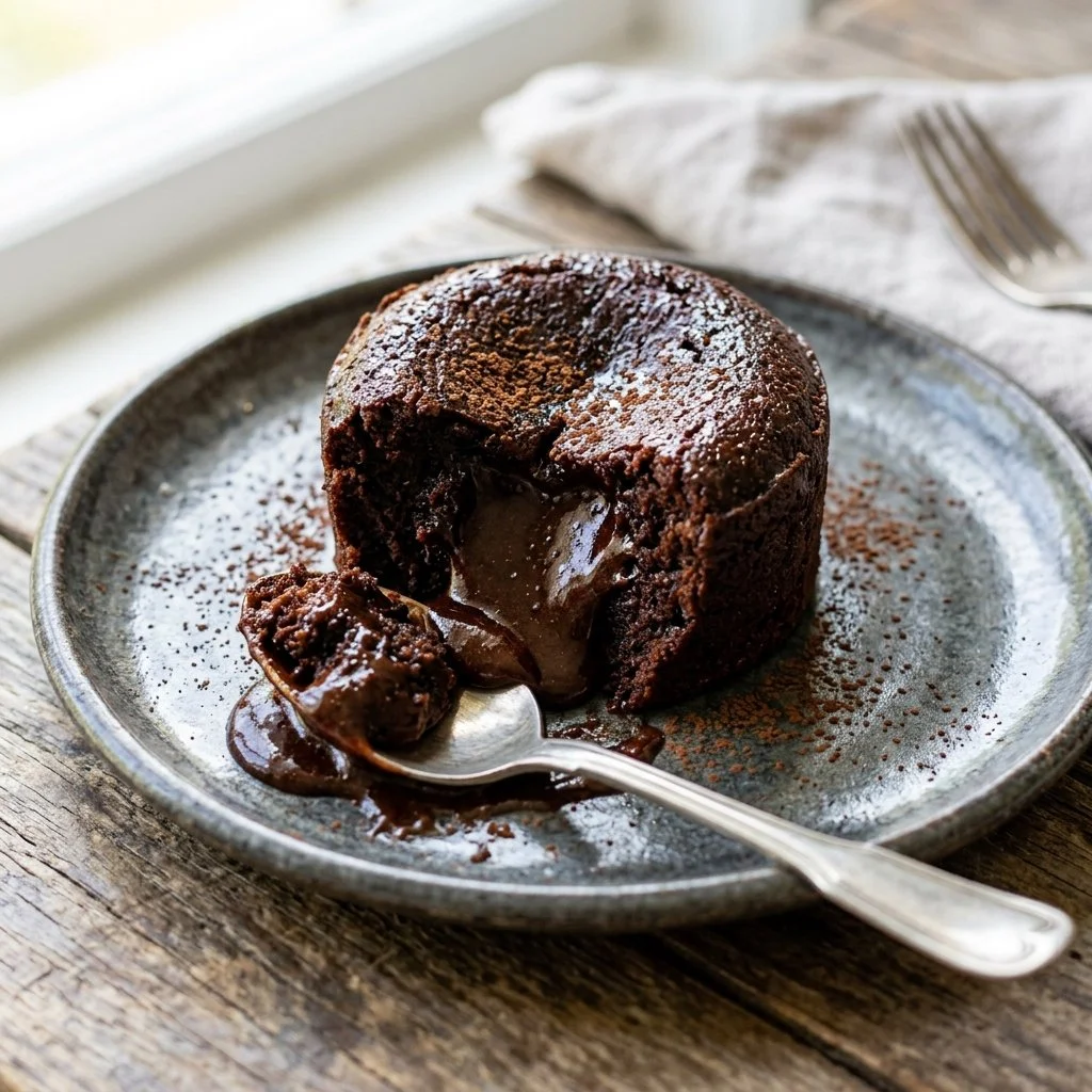Decadent Chocolate Lava Cake with a gooey chocolate center, served on a plate.