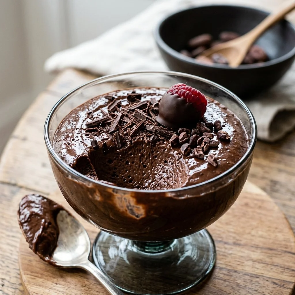 Decadent chocolate mousse topped with whipped cream and chocolate shavings