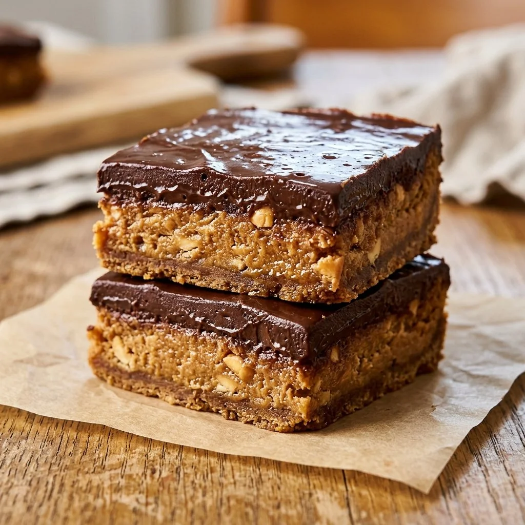Homemade Chocolate Peanut Butter Bars topped with chocolate drizzle.