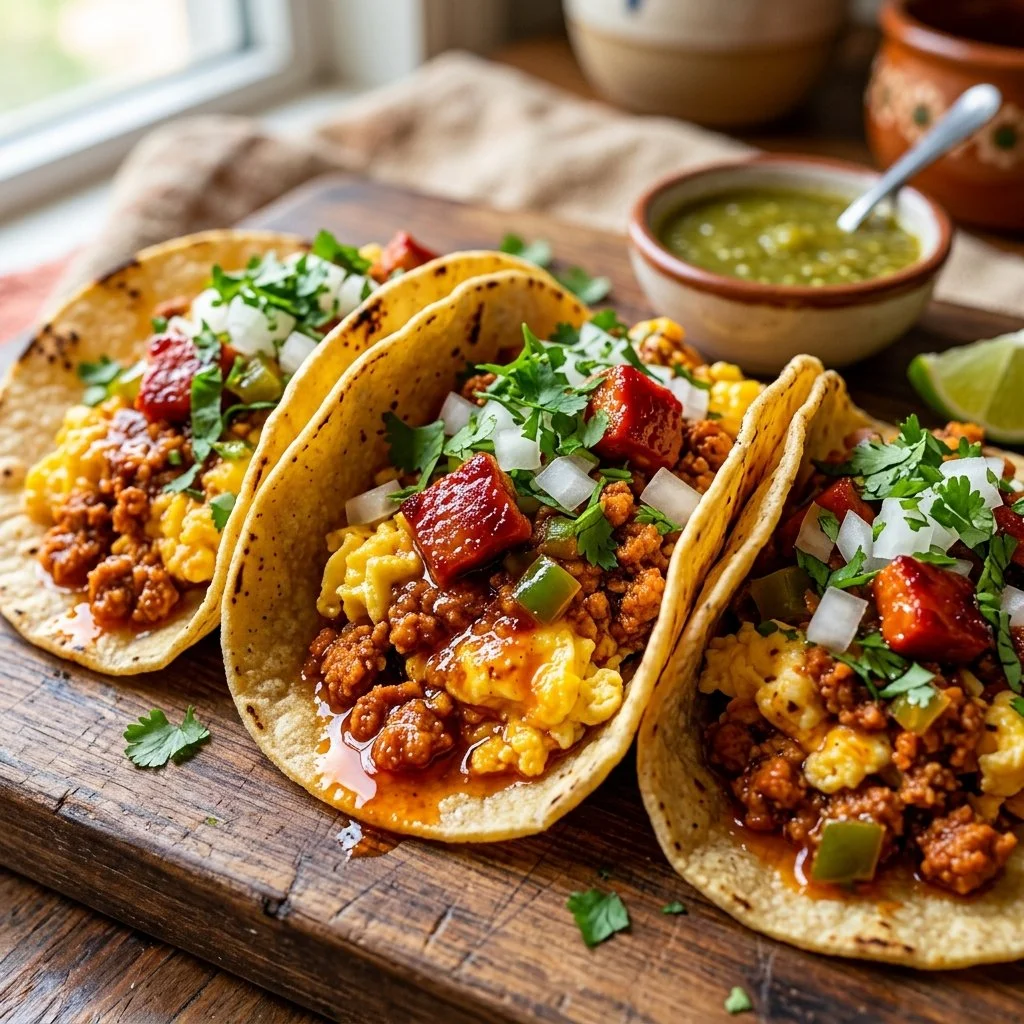 Delicious chorizo and egg tacos served on a plate