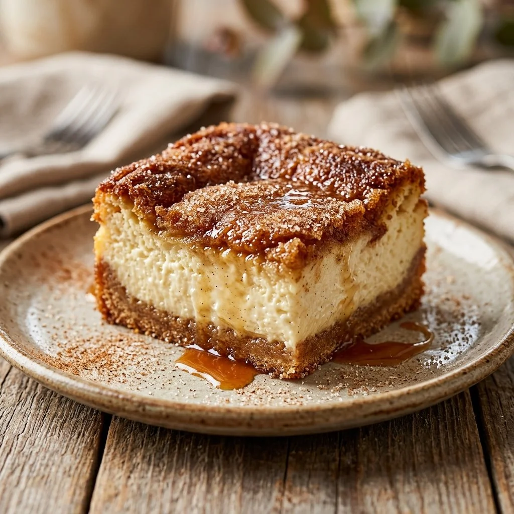 Churro Cheesecake slice with cinnamon topping and caramel drizzle