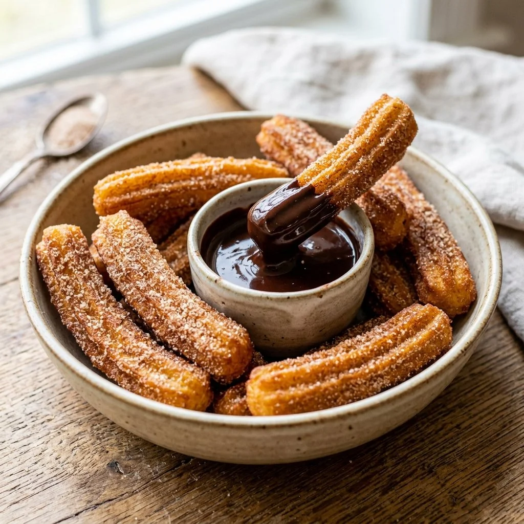 Delicious churros drizzled with chocolate sauce on a plate.