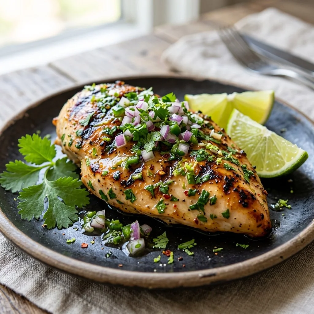 Cilantro lime chicken garnished with fresh herbs and lime slices