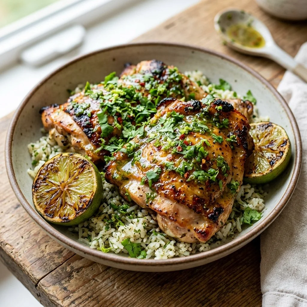 Cilantro lime chicken dish garnished with fresh cilantro and lime slices