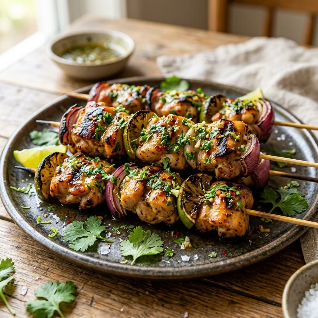Grilled cilantro lime chicken skewers garnished with lime and cilantro