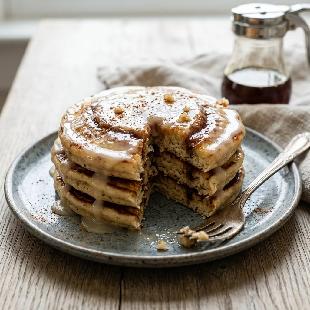 Fluffy cinnamon roll pancakes drizzled with icing and topped with cinnamon sugar
