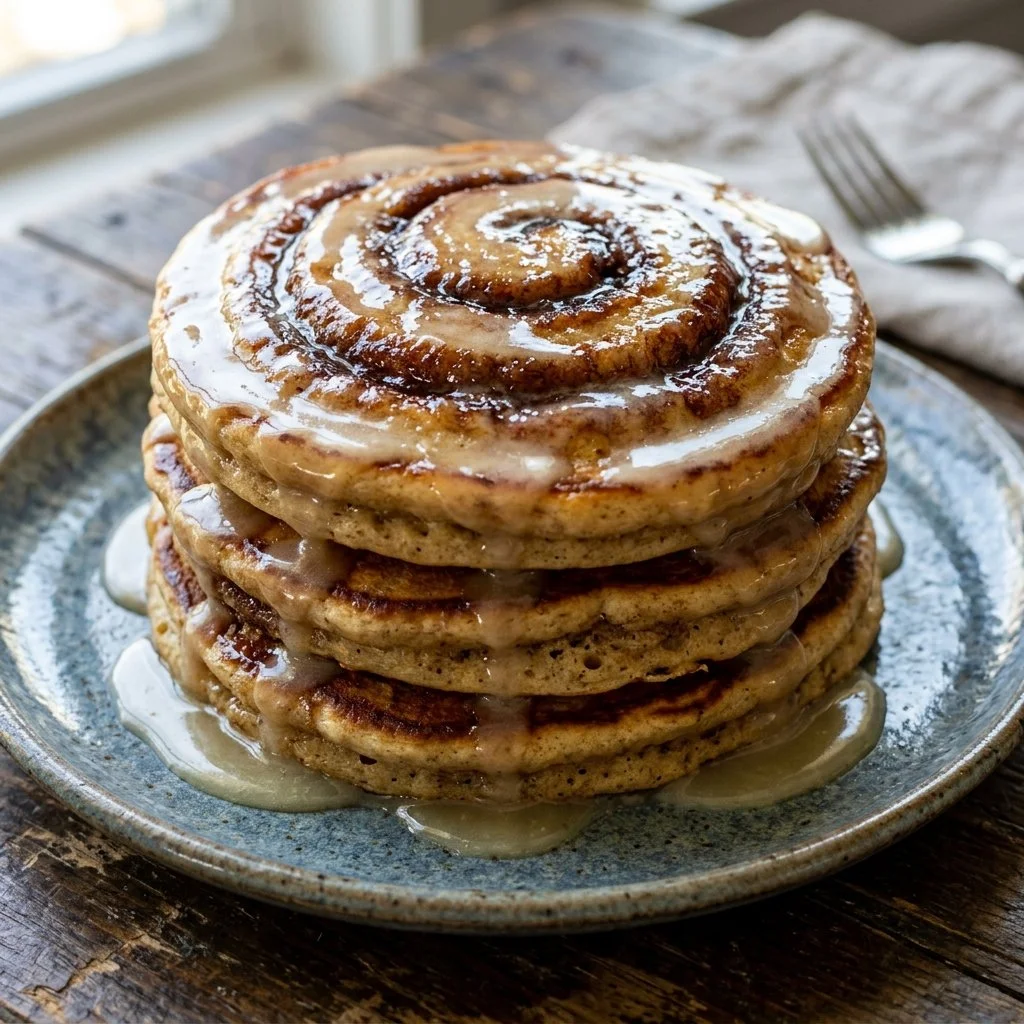 Delicious cinnamon roll pancakes drizzled with icing on a plate.