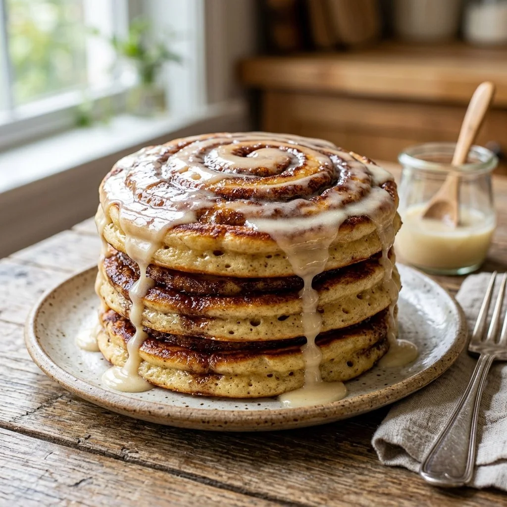 Cinnamon roll pancakes drizzled with icing on a plate